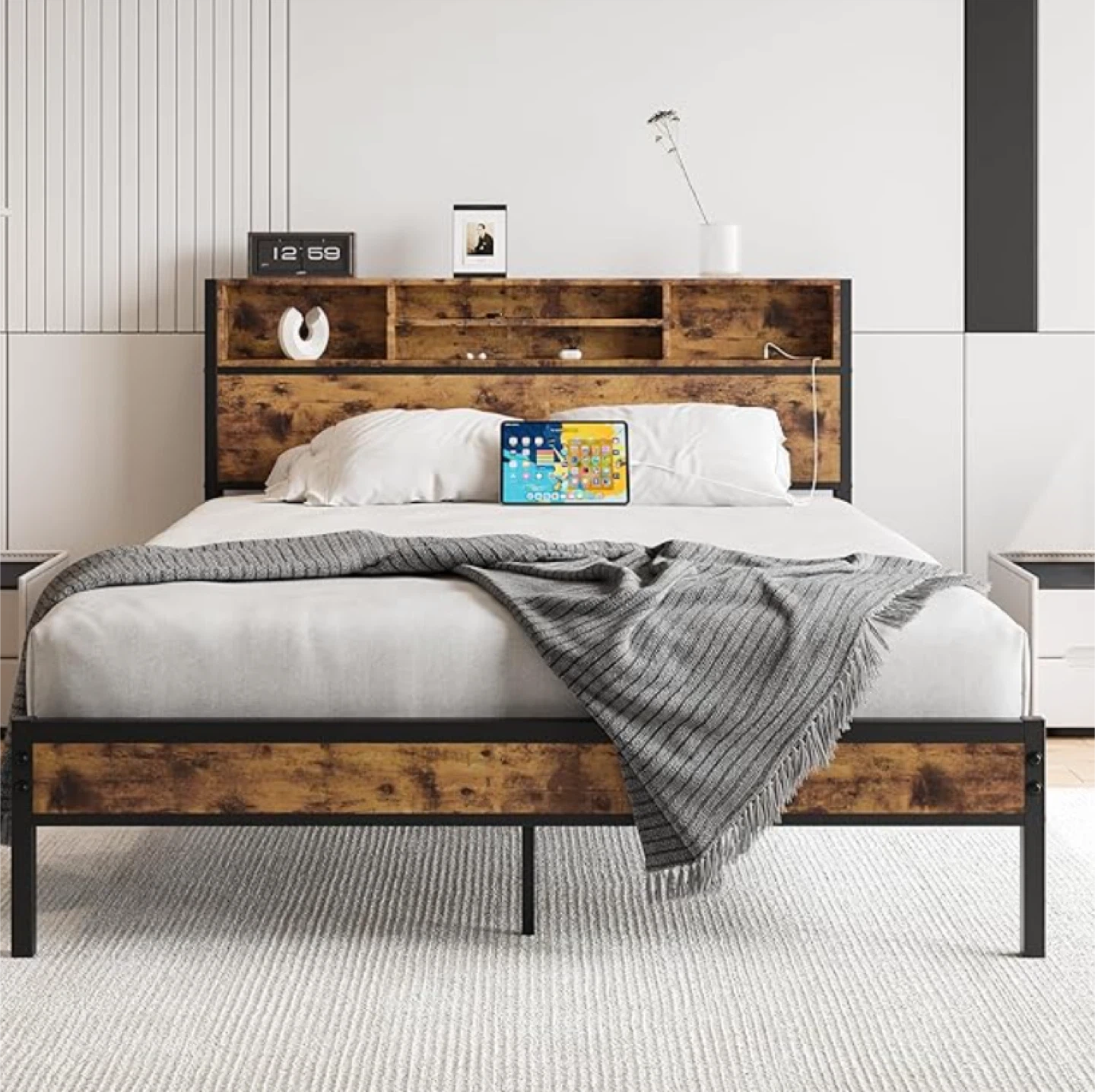 Queen Size Bed Frame with Headboard Storage