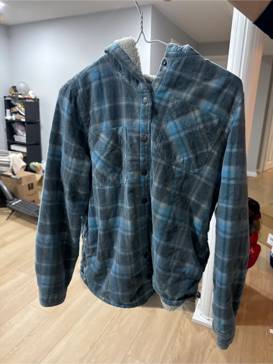 Blue Plaid Corduroy Sherpa Lined Hooded Jacket