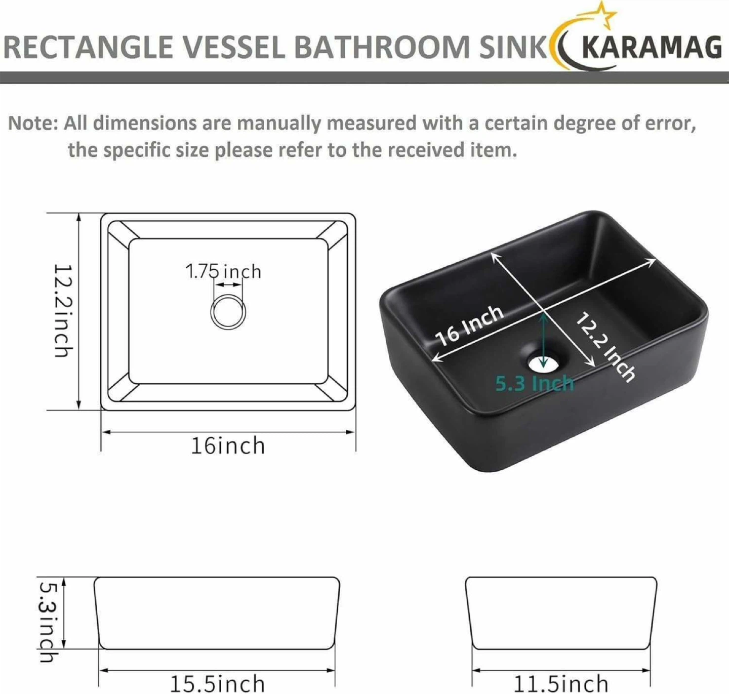 Karamag Rectangle Vessel Bathroom Sink - Black - photo 2