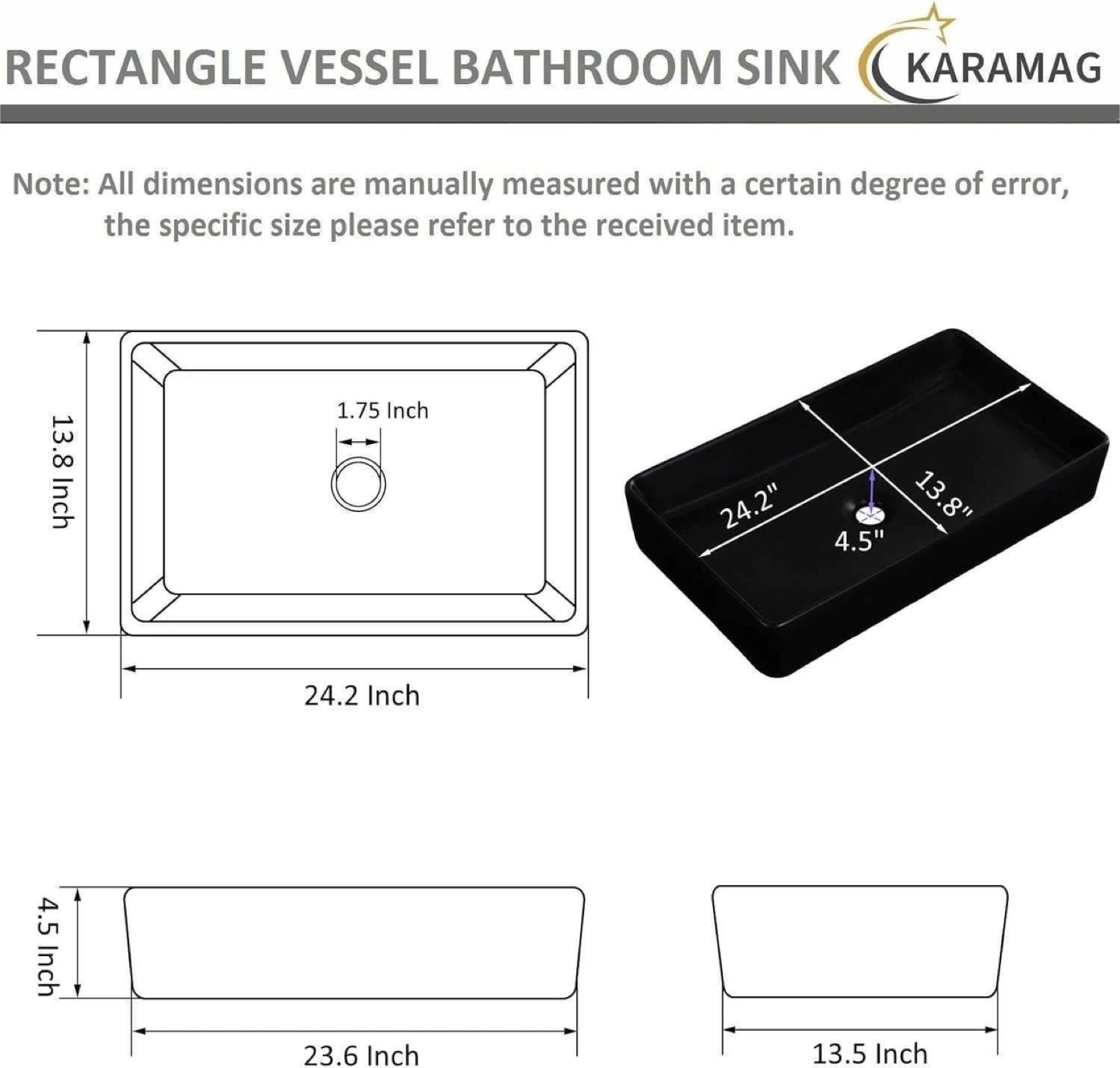 Karamag Rectangle Vessel Bathroom Sink - Black - photo 3