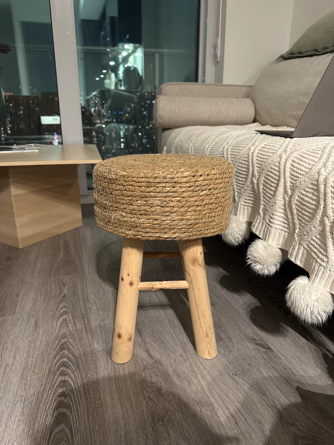 Woven Stool with Wooden Legs