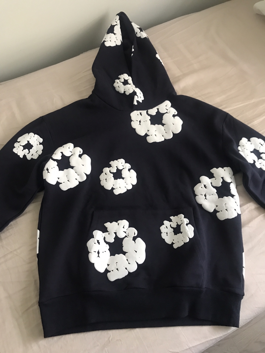 Navy Hoodie with White Floral Design