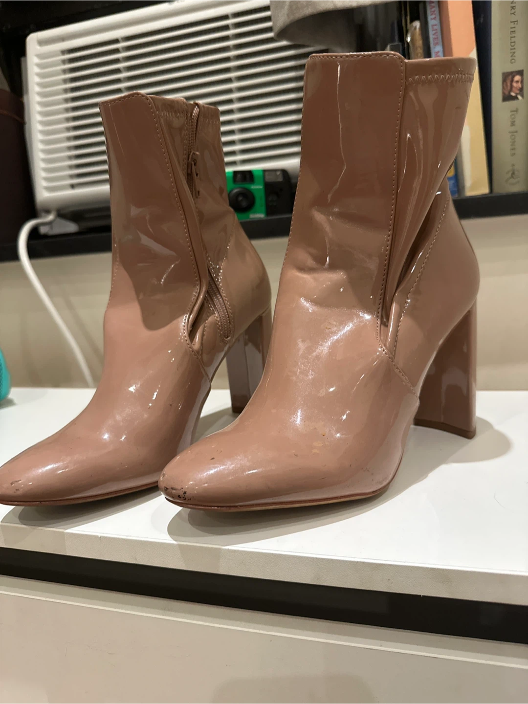 Beige Patent Leather Ankle Boots