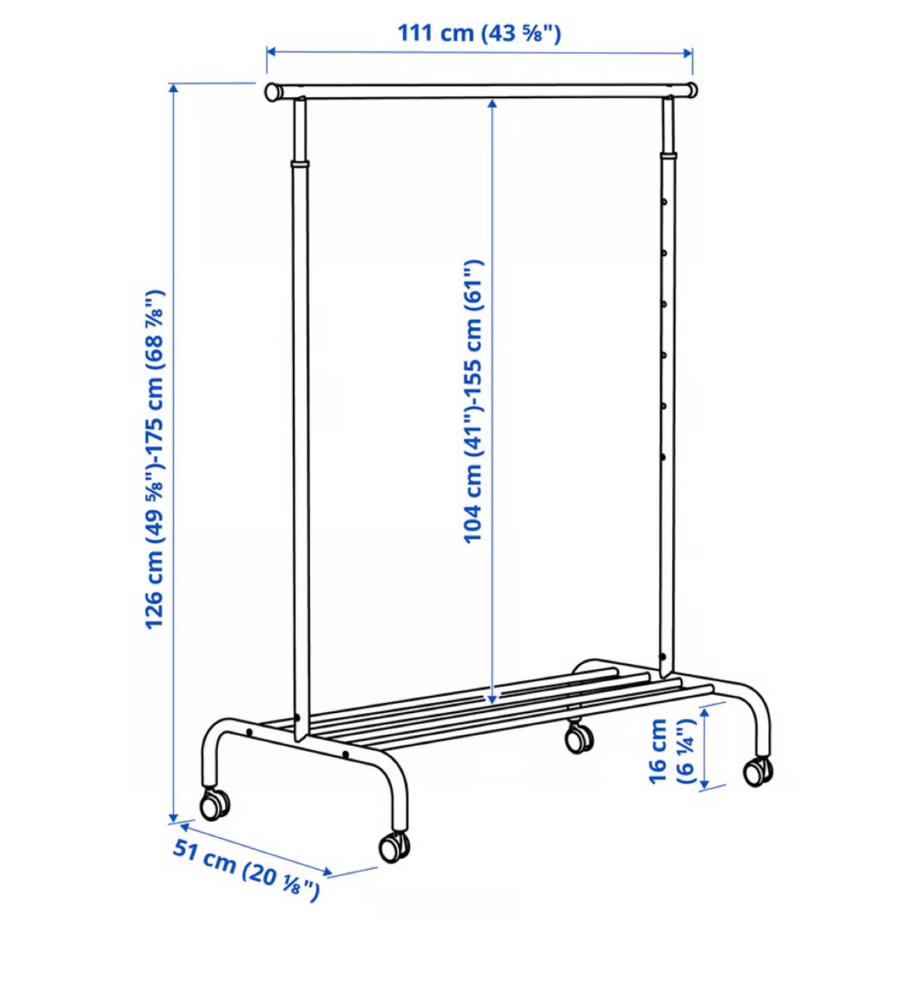 IKEA Clothes height adjustable Rack with wheels- White - photo 2