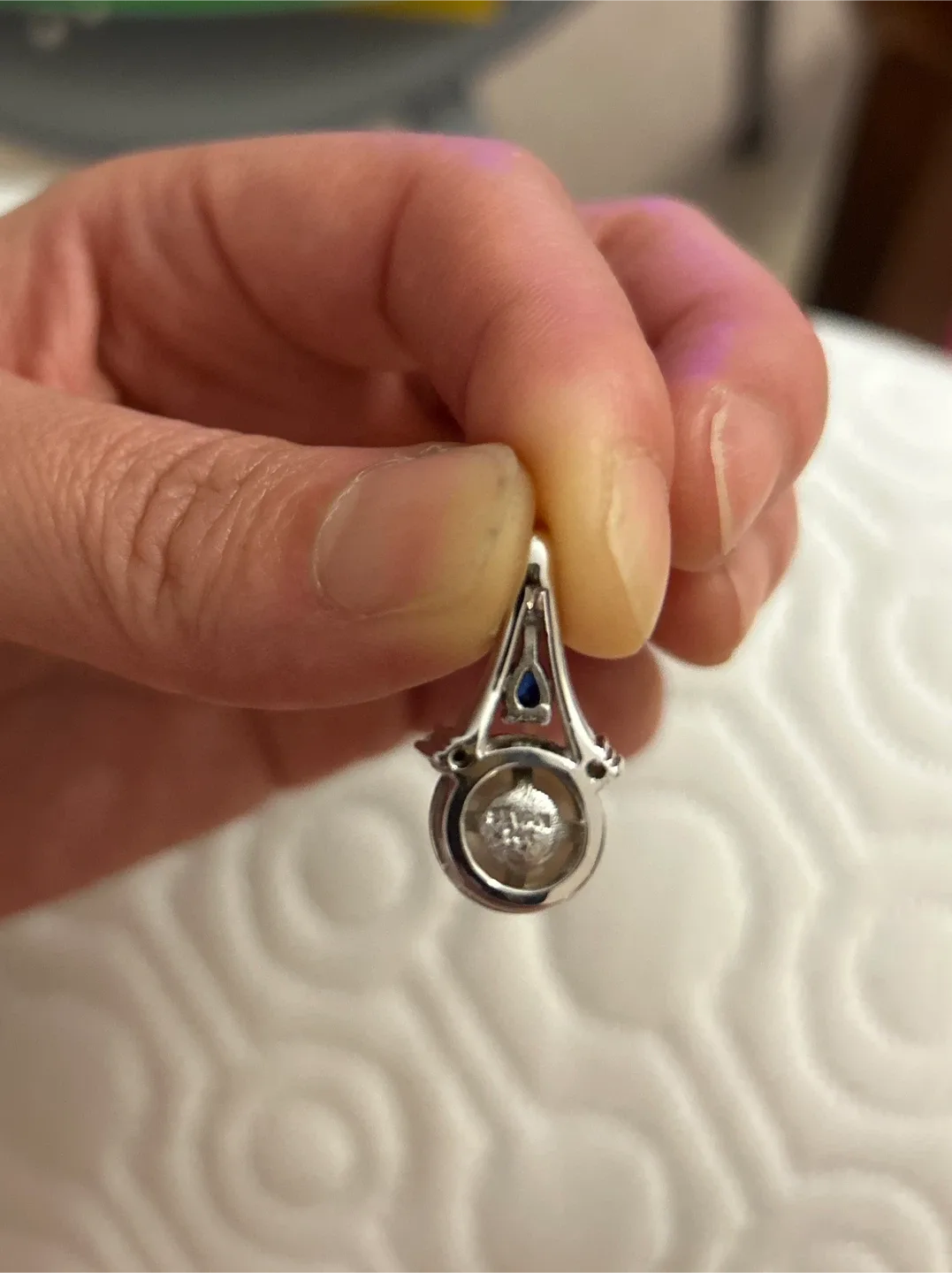 14k solid white gold pendant with diamonds pearl & blue sapphire image indicator(2)