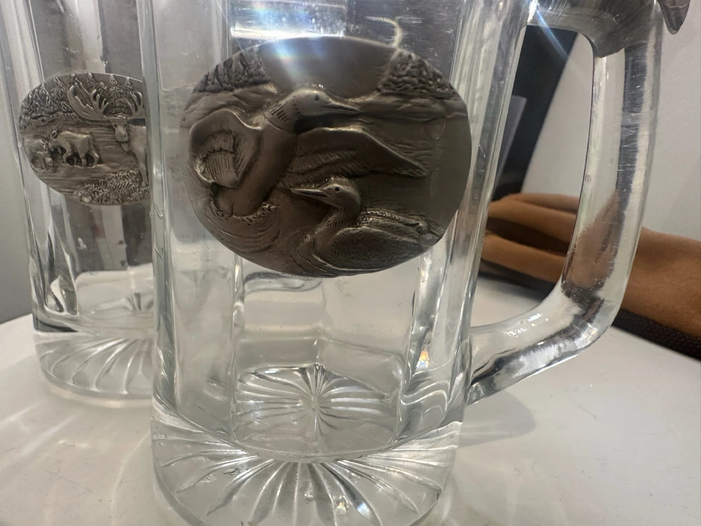 Vintage x 3 Glass Beer Mugs with Wildlife Emblems - Set of 2