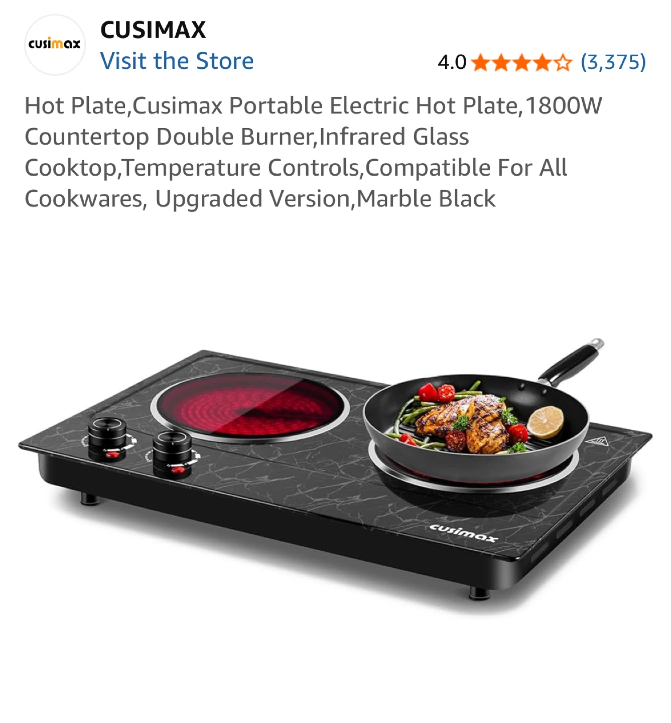 Cusimax Portable Electric Hot Plate - Marble Black
