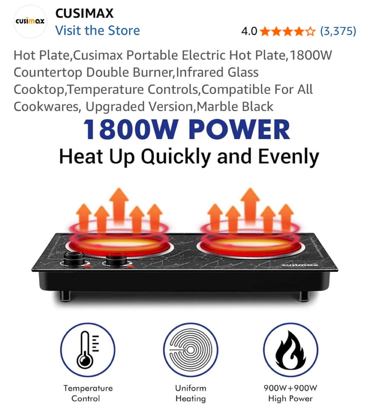 Cusimax Portable Electric Hot Plate - Marble Black - photo 3