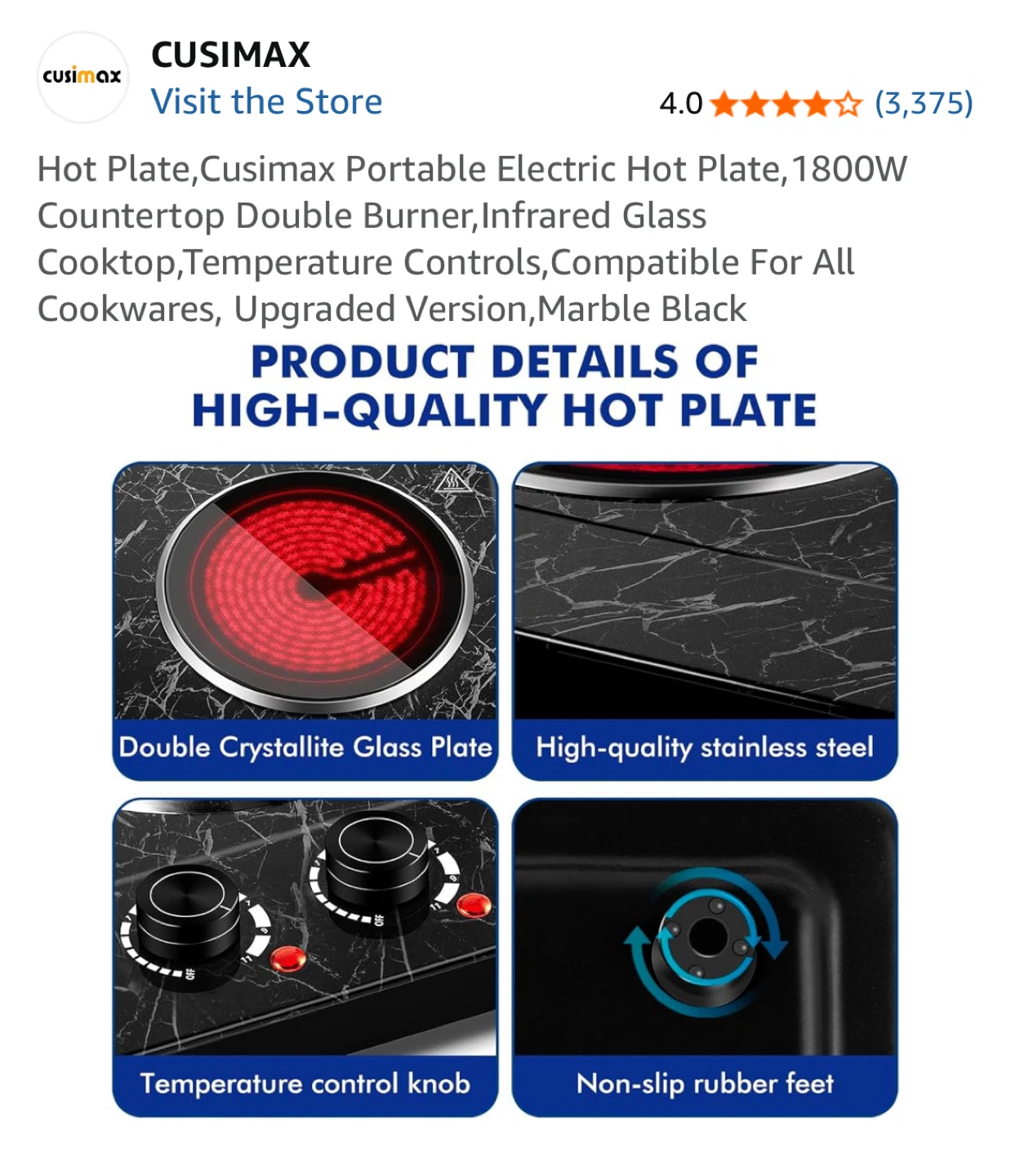 Cusimax Portable Electric Hot Plate - Marble Black - photo 2