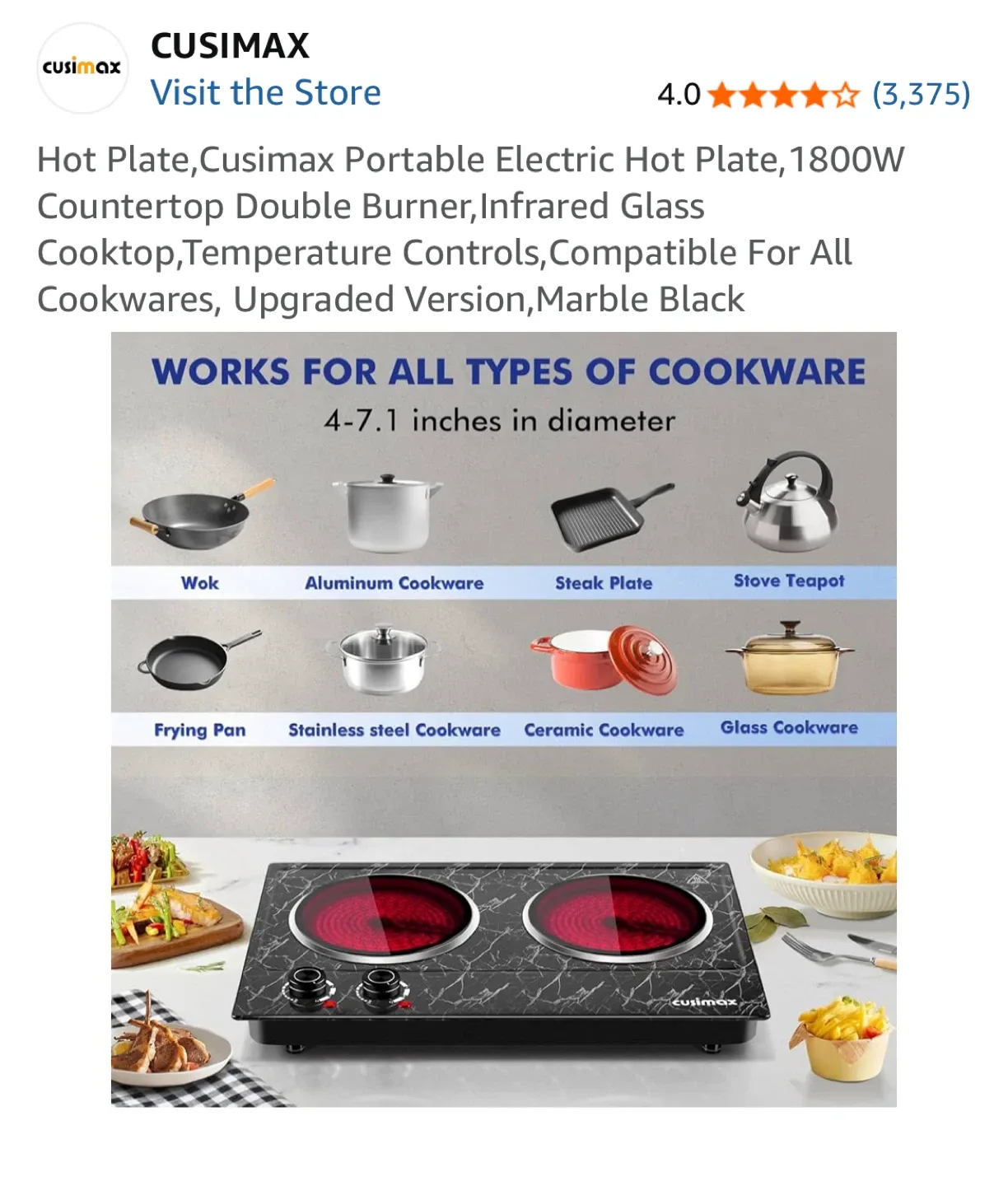 Cusimax Portable Electric Hot Plate - Marble Black image indicator(4)