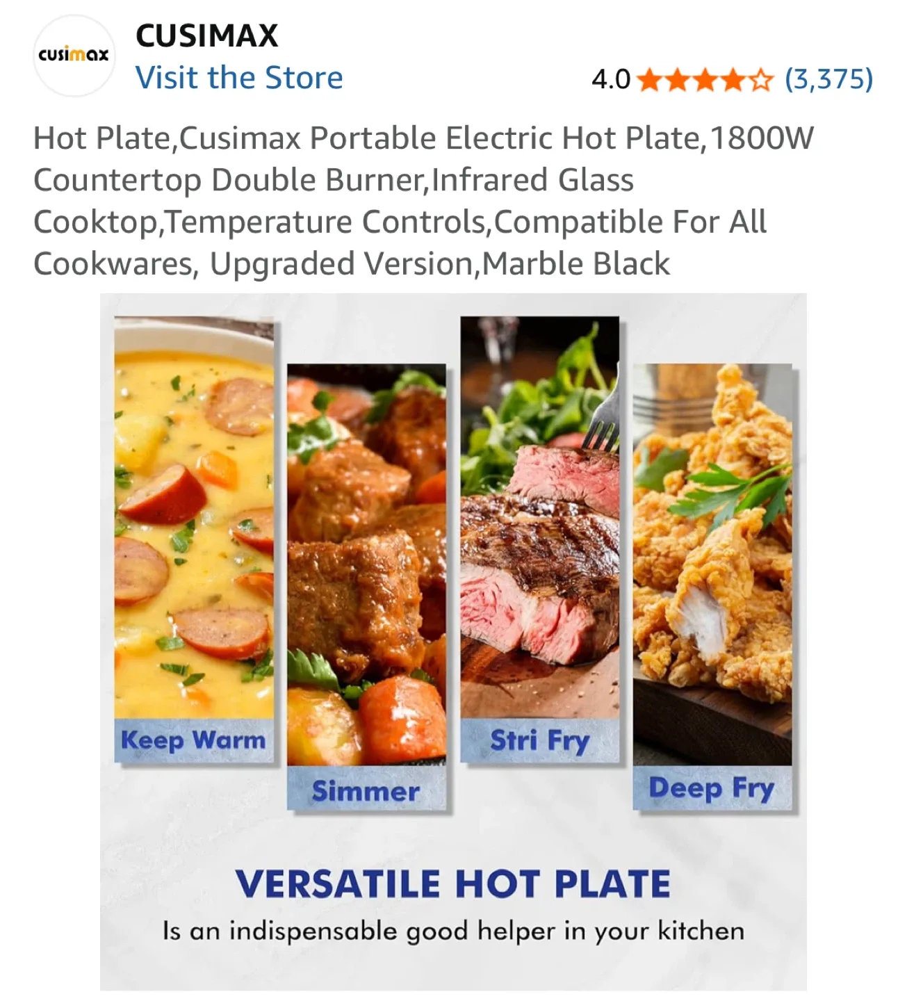 Cusimax Portable Electric Hot Plate - Marble Black image indicator(5)