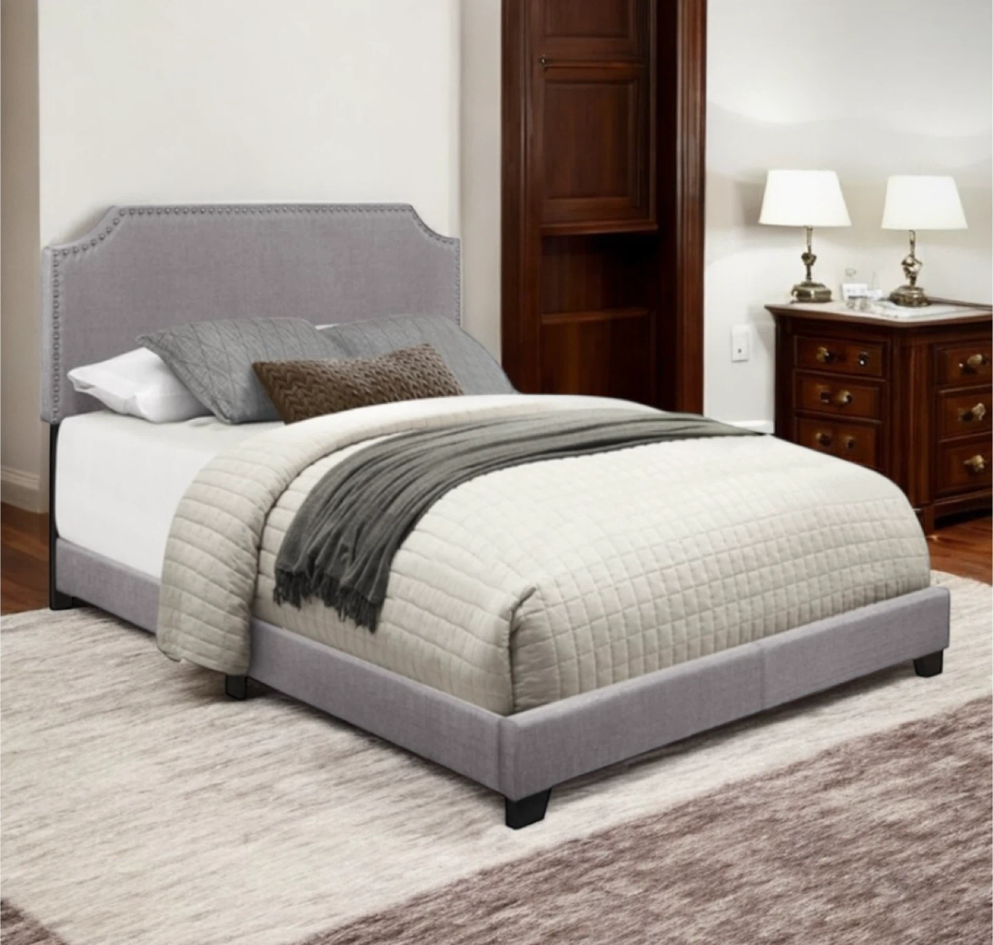 New King Size Light Grey Upholstered Bed