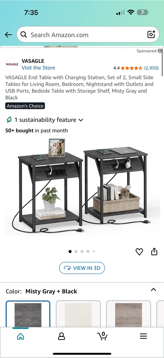 VASAGLE End Table with Charging Station - Misty Gray/Black thumbnail