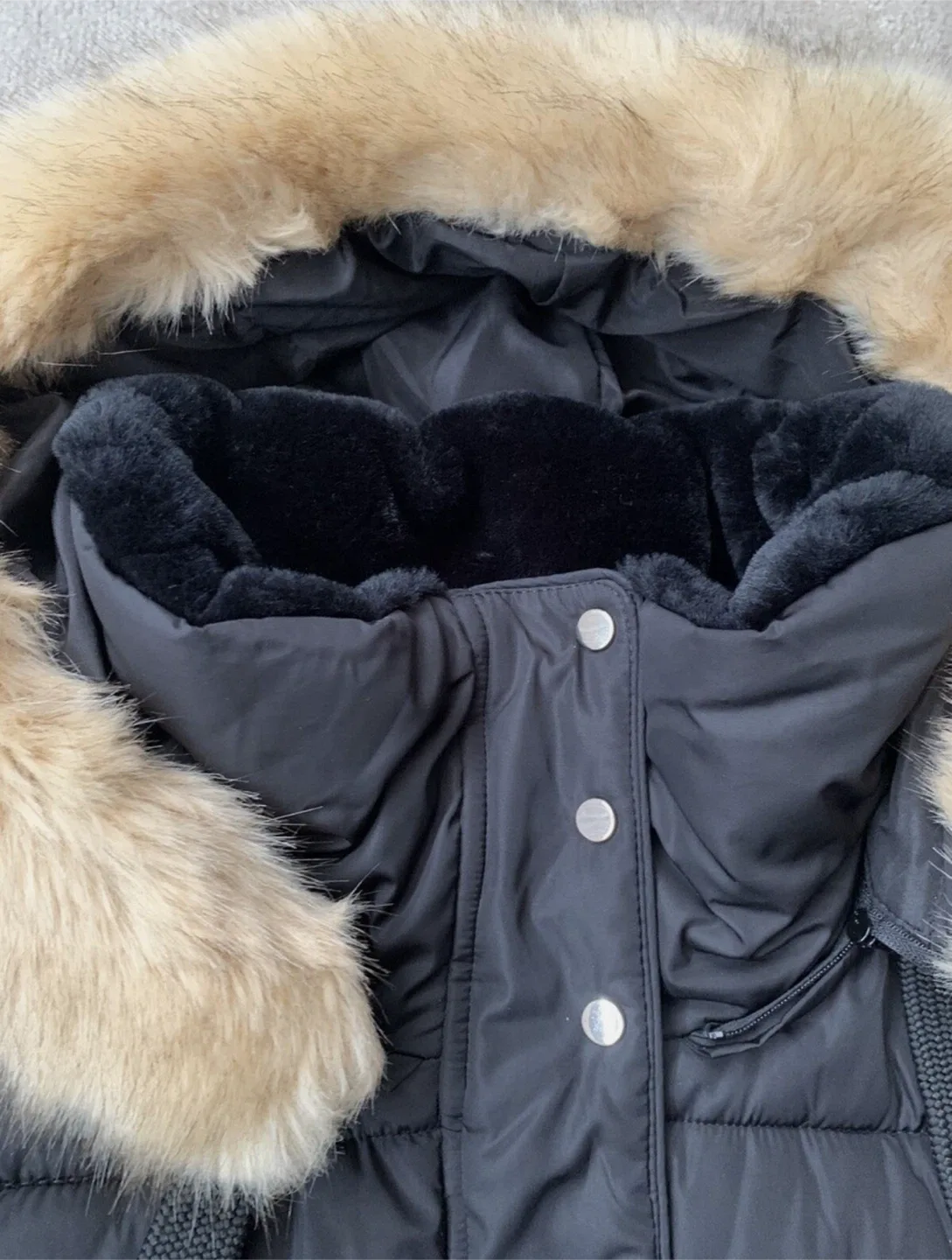 Black Puffer Coat with Faux Fur Hood image indicator(4)