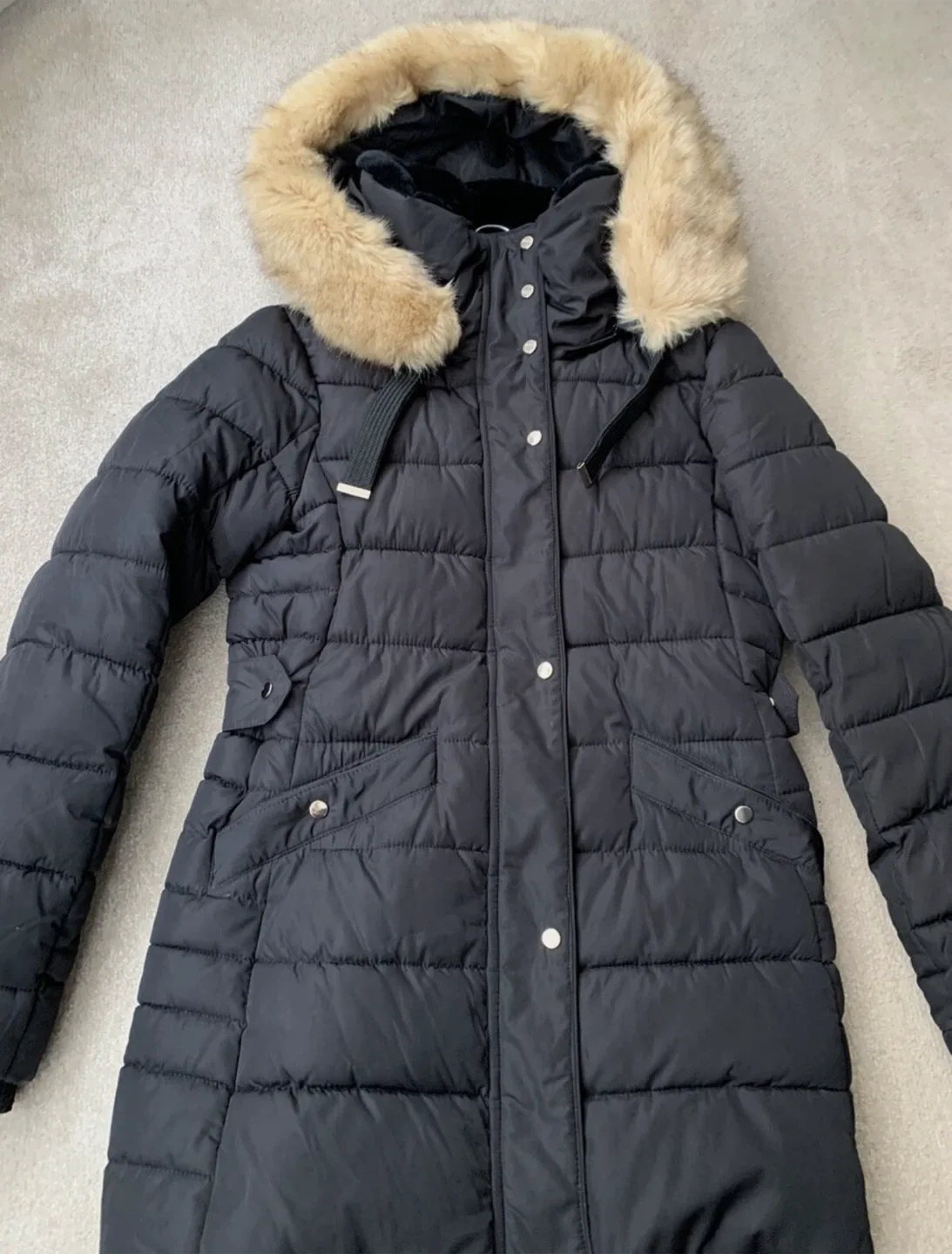 Black Puffer Coat with Faux Fur Hood image indicator(2)
