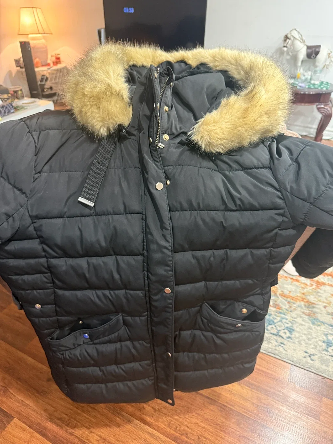 Black Puffer Coat with Faux Fur Hood image indicator(7)
