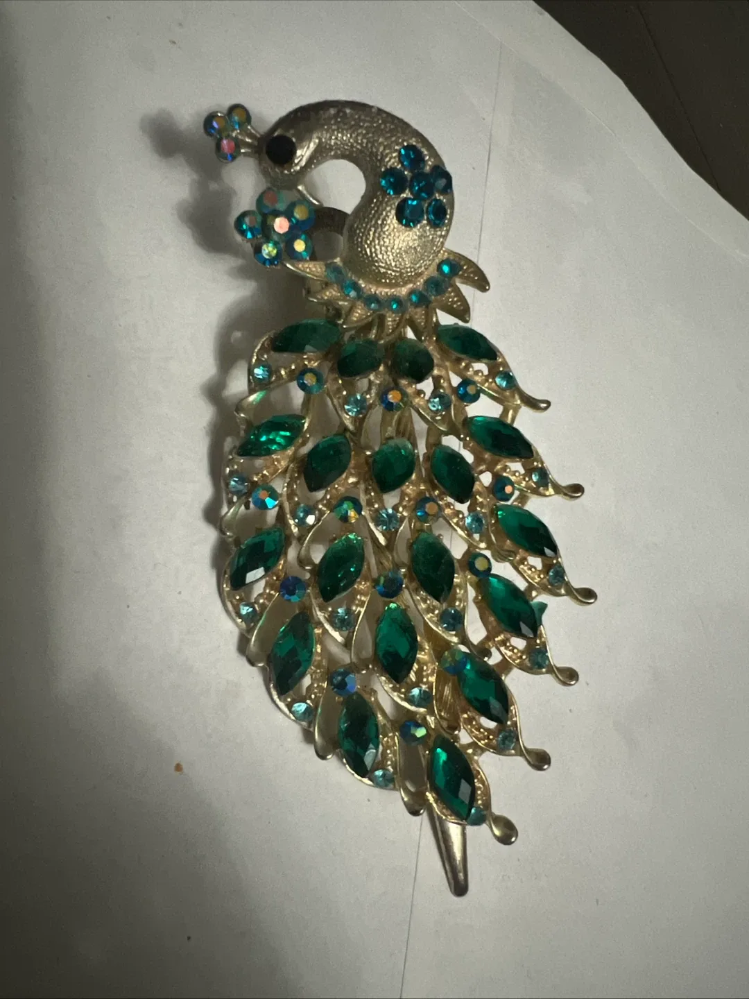 Peacock Brooch with Green Jewels