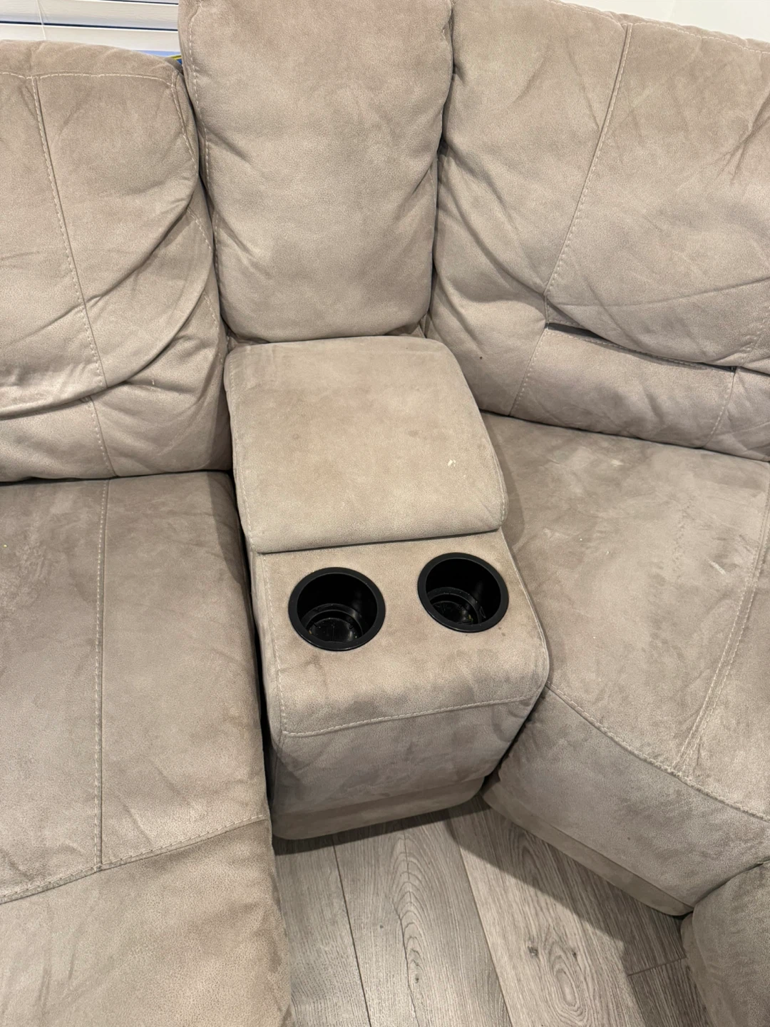 Beige Sectional Sofa with Recliner & Cupholders