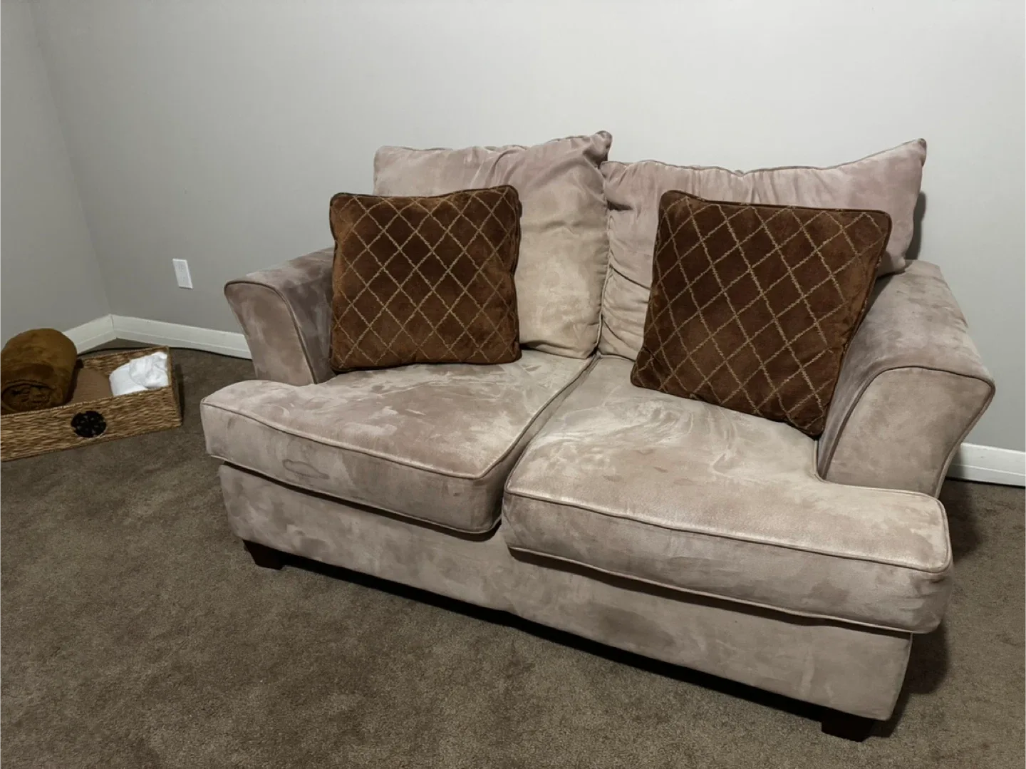 Beige Loveseat Sofa with Brown Cushions