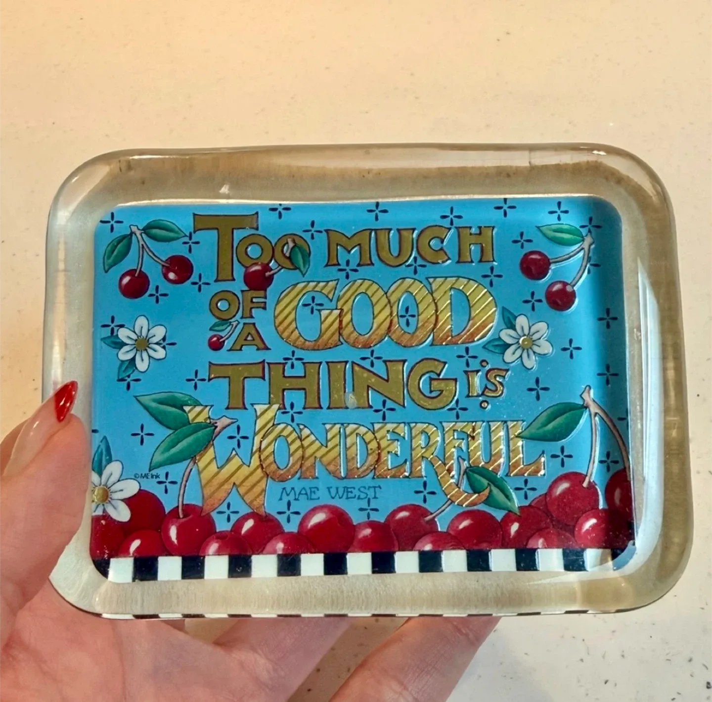 Vintage Cherry 🍒 Mary Engelbreit Glass Paperweight image indicator(10)
