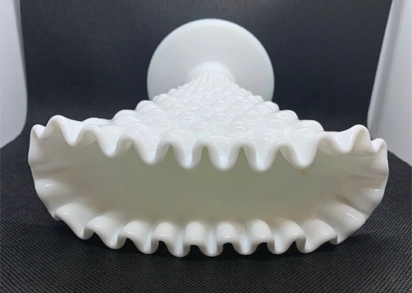 Vintage Fenton Art Glass Fan Vase Milk Glass Hobnail MCM Decor image indicator(2)