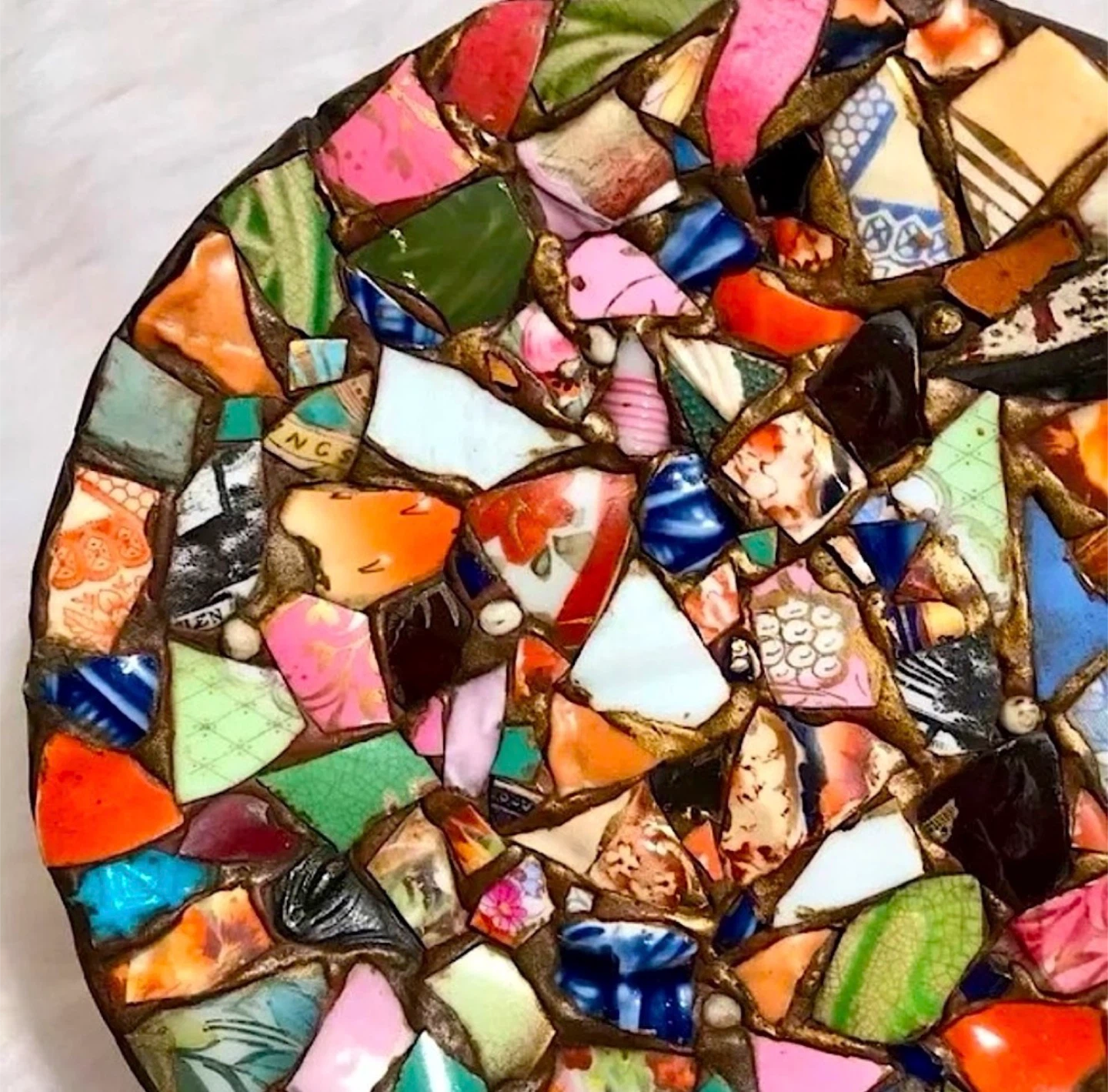 Handmade heavy mosaic art plate with repurposed glass china dish - photo 2