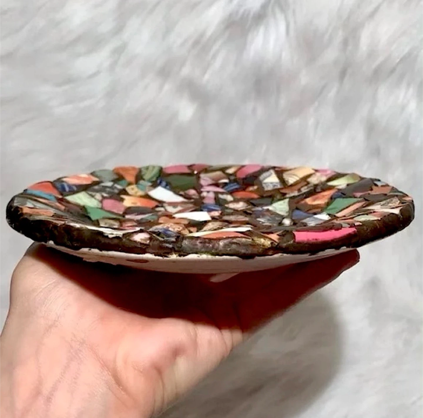 Handmade heavy mosaic art plate with repurposed glass china dish - photo 5