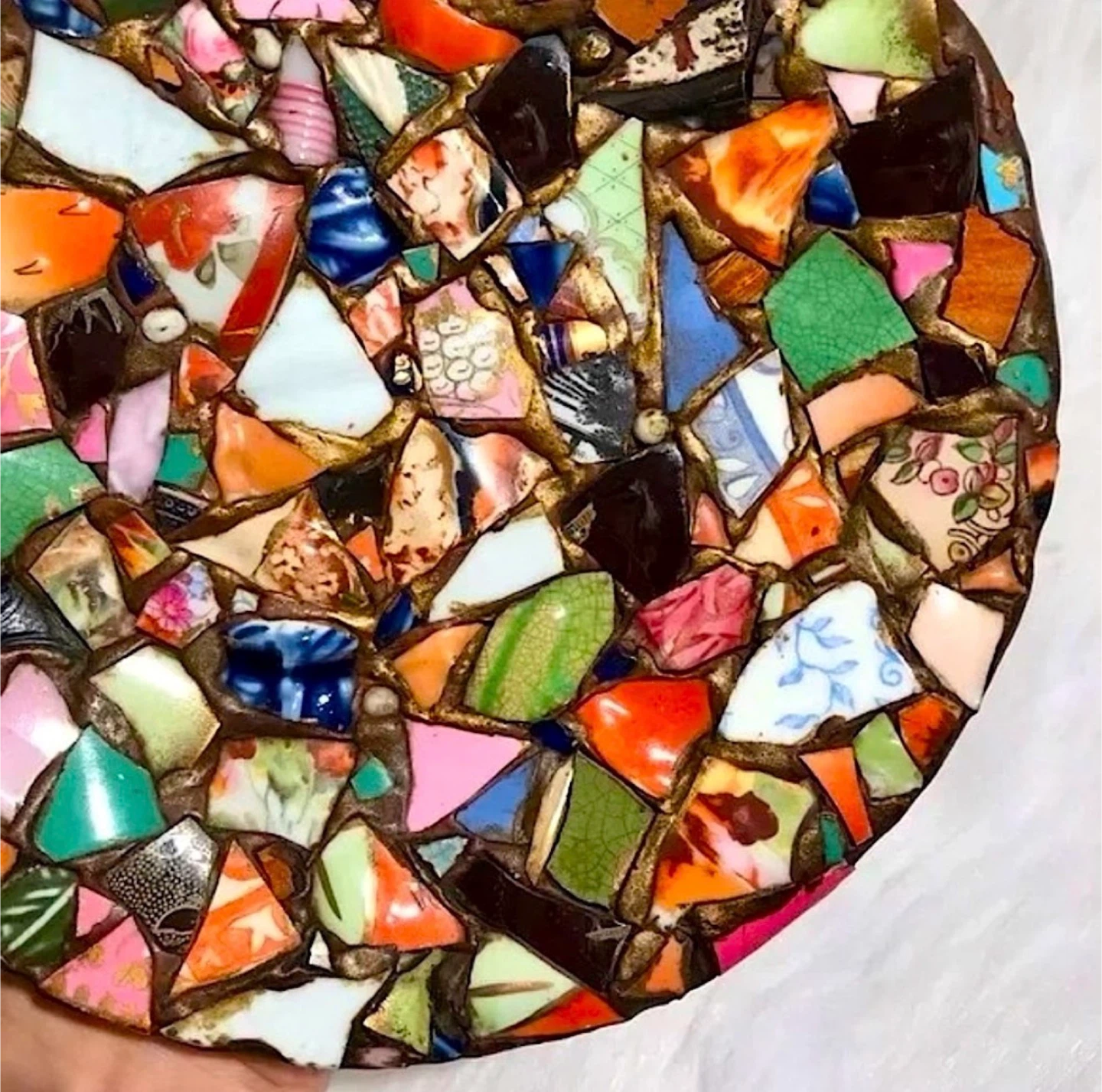 Handmade heavy mosaic art plate with repurposed glass china dish - photo 3