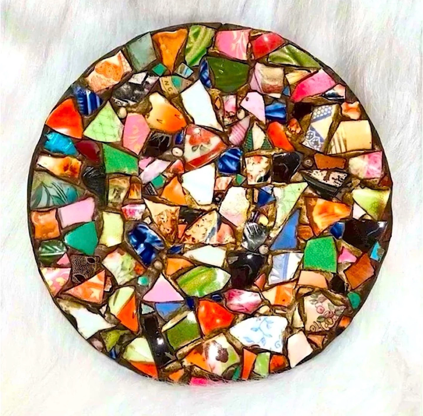 Handmade heavy mosaic art plate with repurposed glass china dish