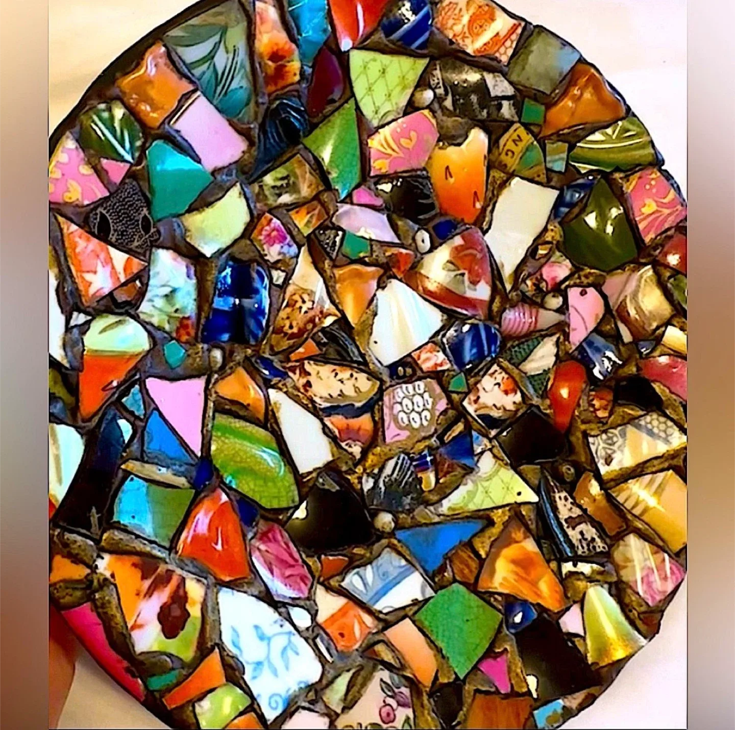 Handmade heavy mosaic art plate with repurposed glass china dish image indicator(8)