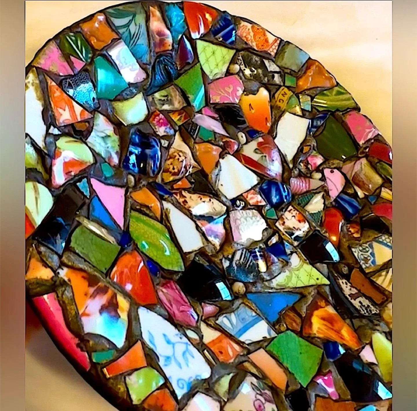Handmade heavy mosaic art plate with repurposed glass china dish image indicator(9)