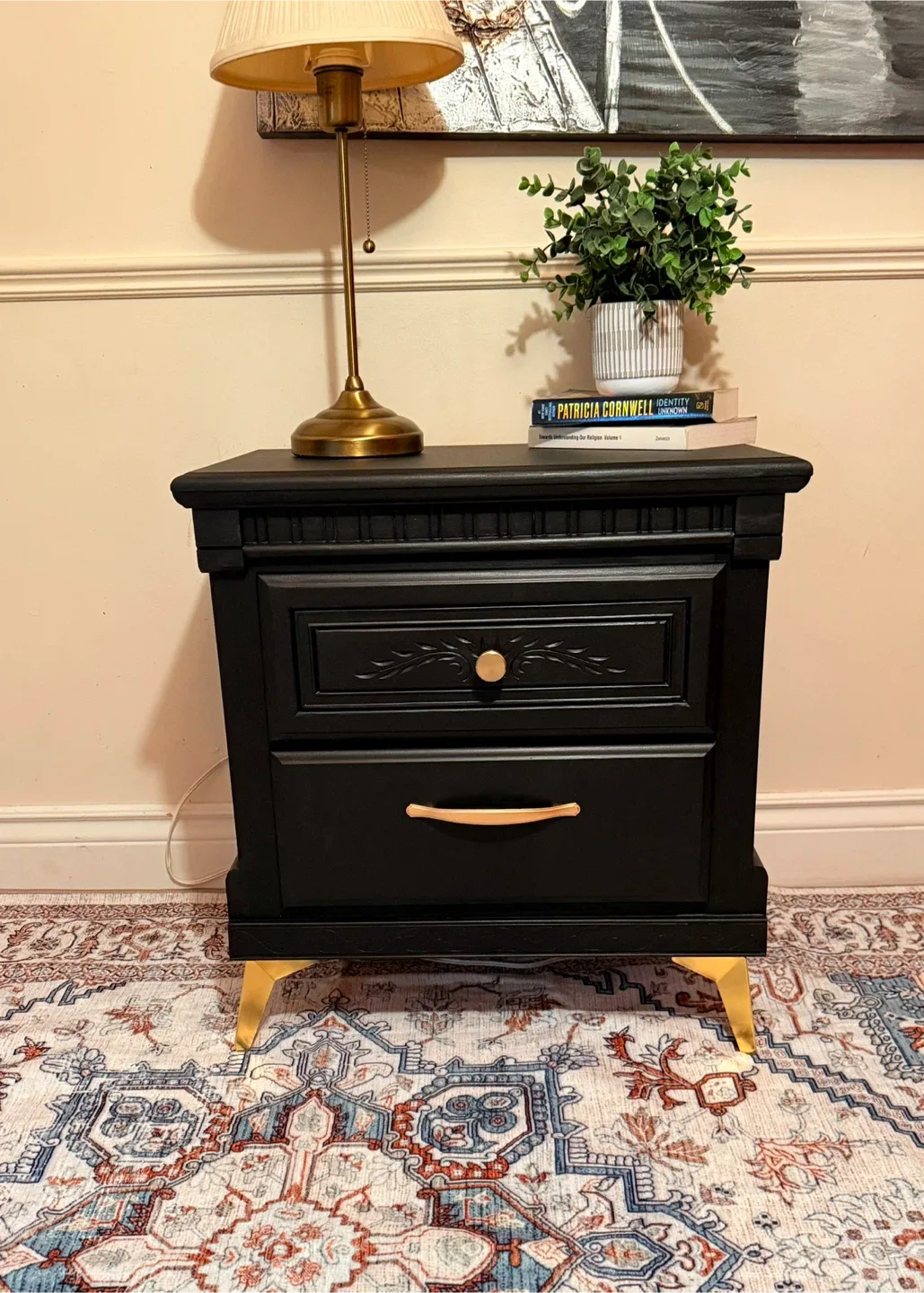 Black Painted Nightstand with Gold Accents