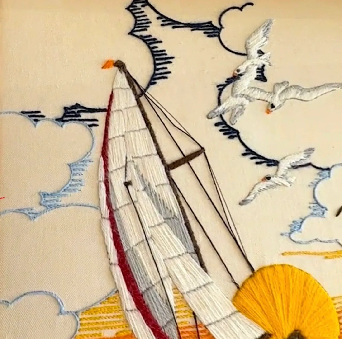 Vintage Sailboat Sunset Framed Crewel Needlepoint Embroidery image indicator(6)