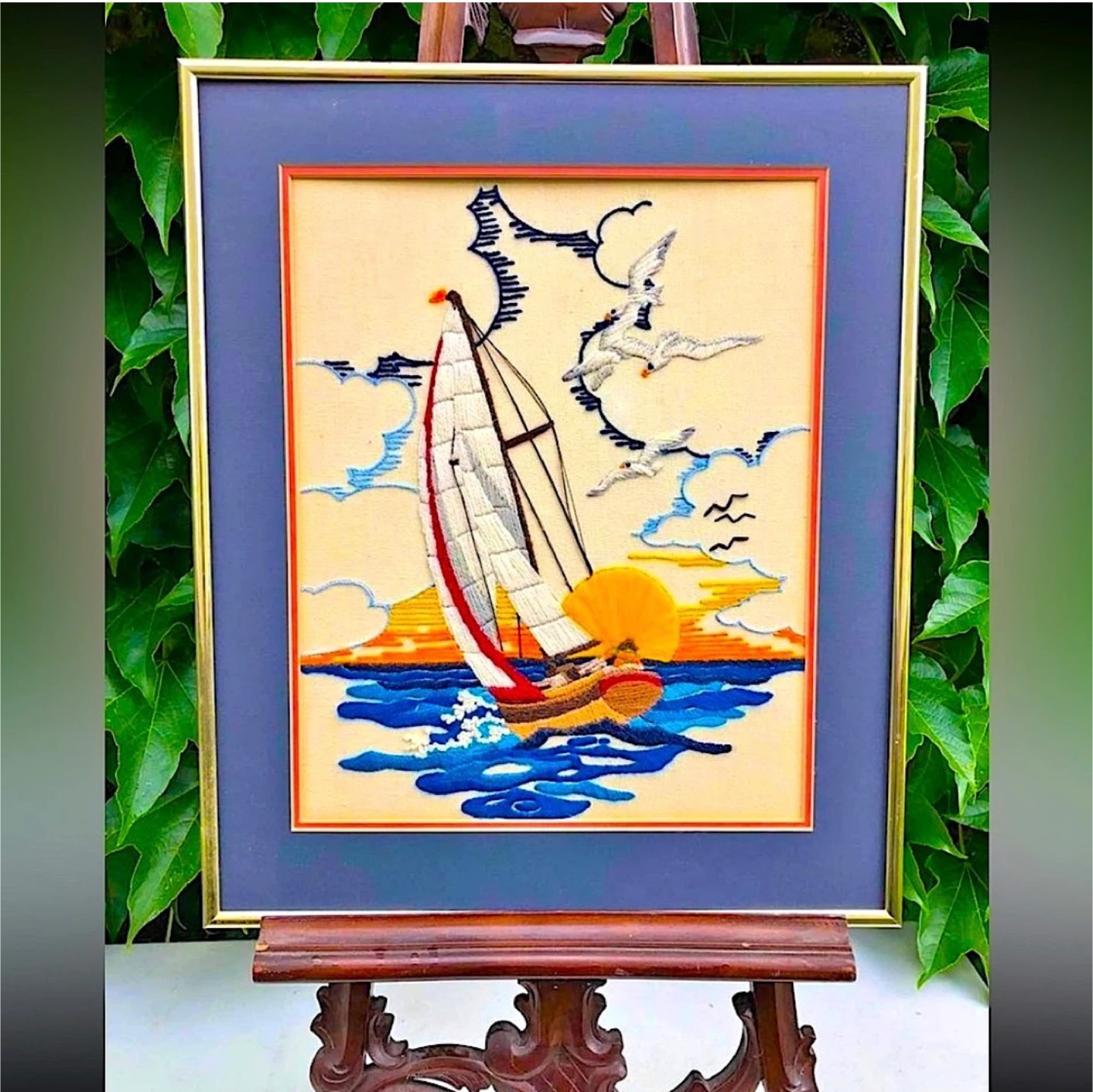 Vintage Sailboat Sunset Framed Crewel Needlepoint Embroidery - photo 2