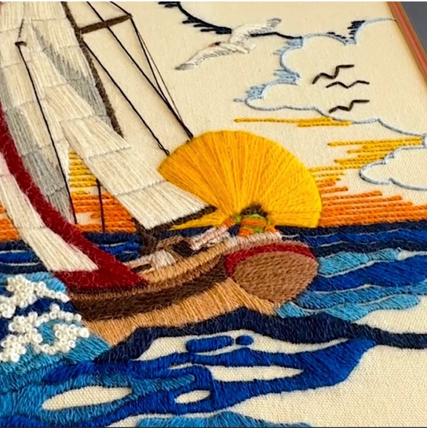 Vintage Sailboat Sunset Framed Crewel Needlepoint Embroidery - photo 5