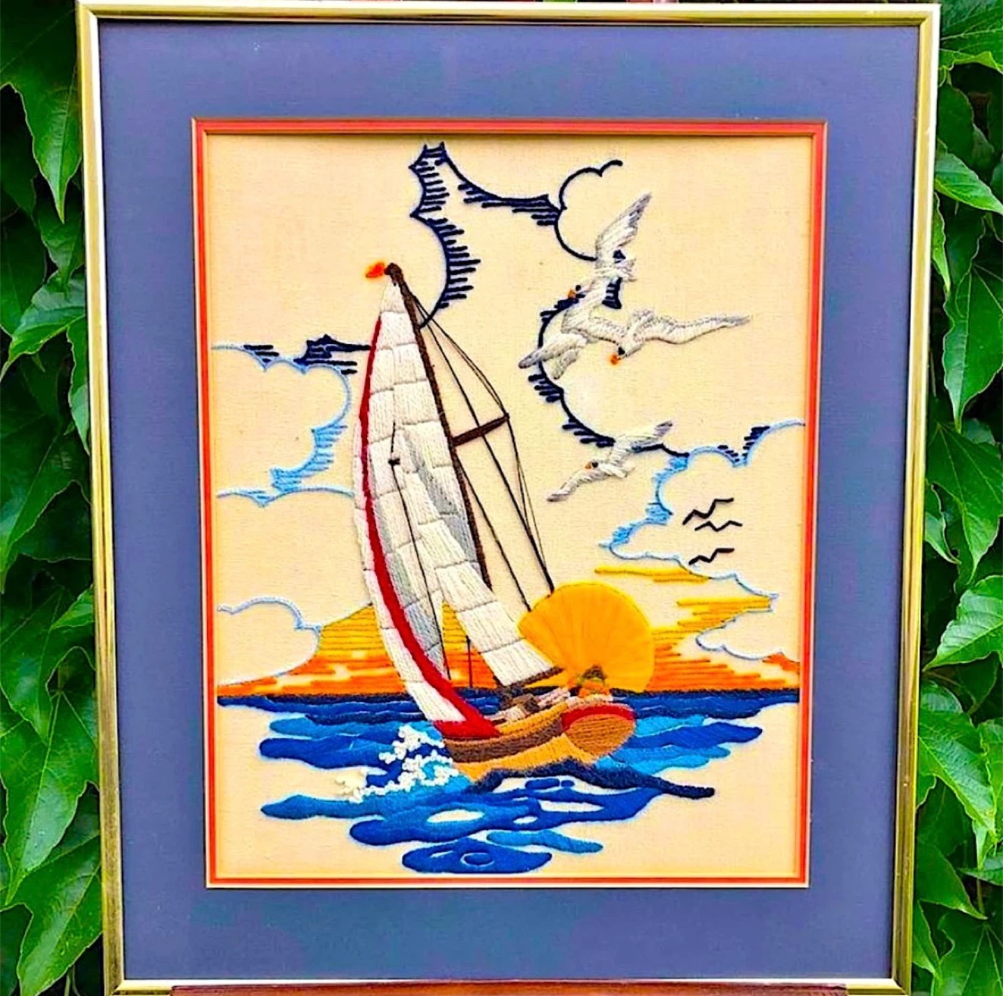 Vintage Sailboat Sunset Framed Crewel Needlepoint Embroidery