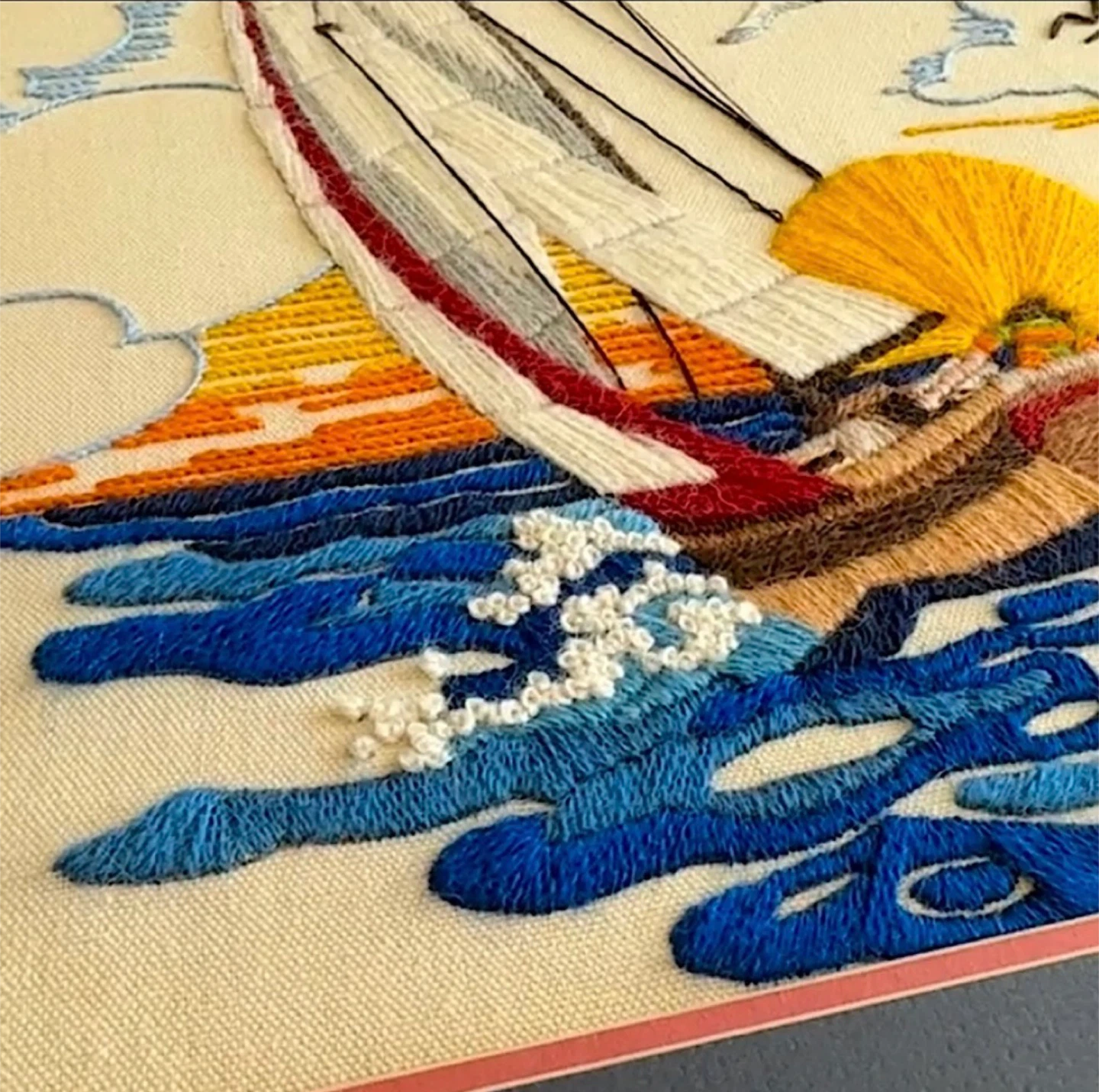 Vintage Sailboat Sunset Framed Crewel Needlepoint Embroidery - photo 4
