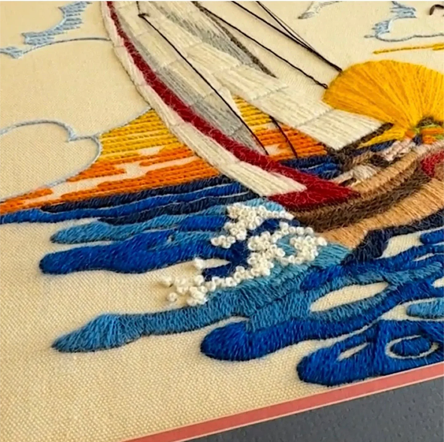 Vintage Sailboat Sunset Framed Crewel Needlepoint Embroidery image indicator(7)