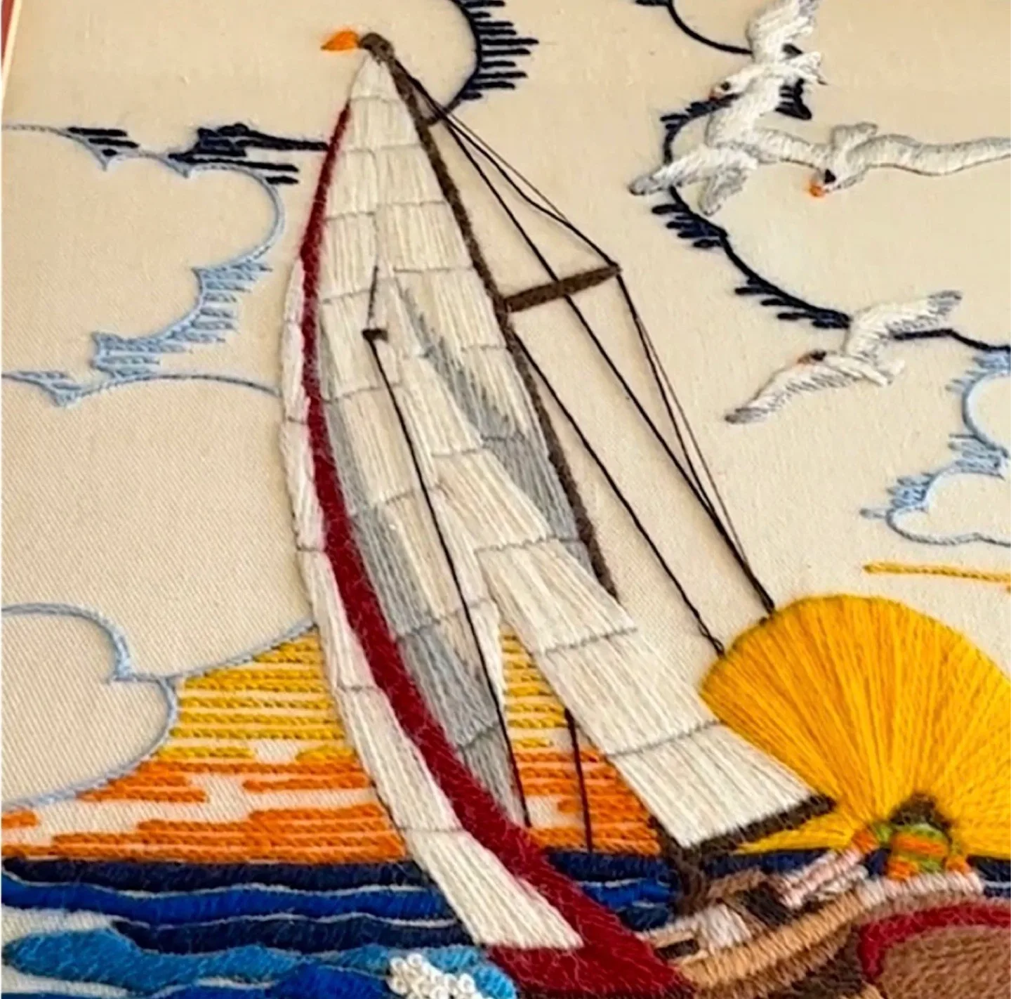 Vintage Sailboat Sunset Framed Crewel Needlepoint Embroidery image indicator(8)