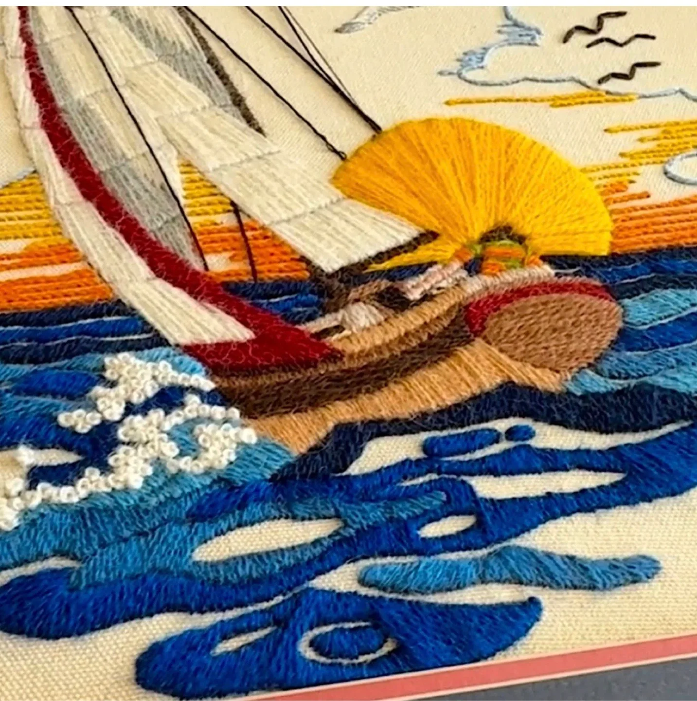 Vintage Sailboat Sunset Framed Crewel Needlepoint Embroidery image indicator(9)