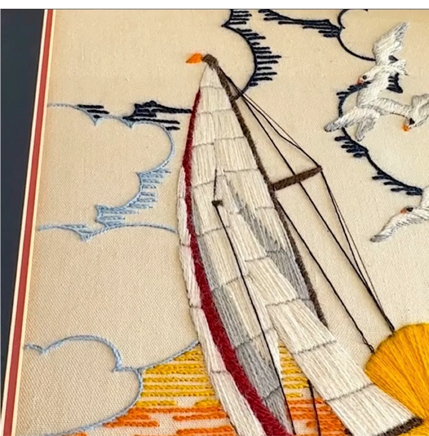 Vintage Sailboat Sunset Framed Crewel Needlepoint Embroidery image indicator(10)