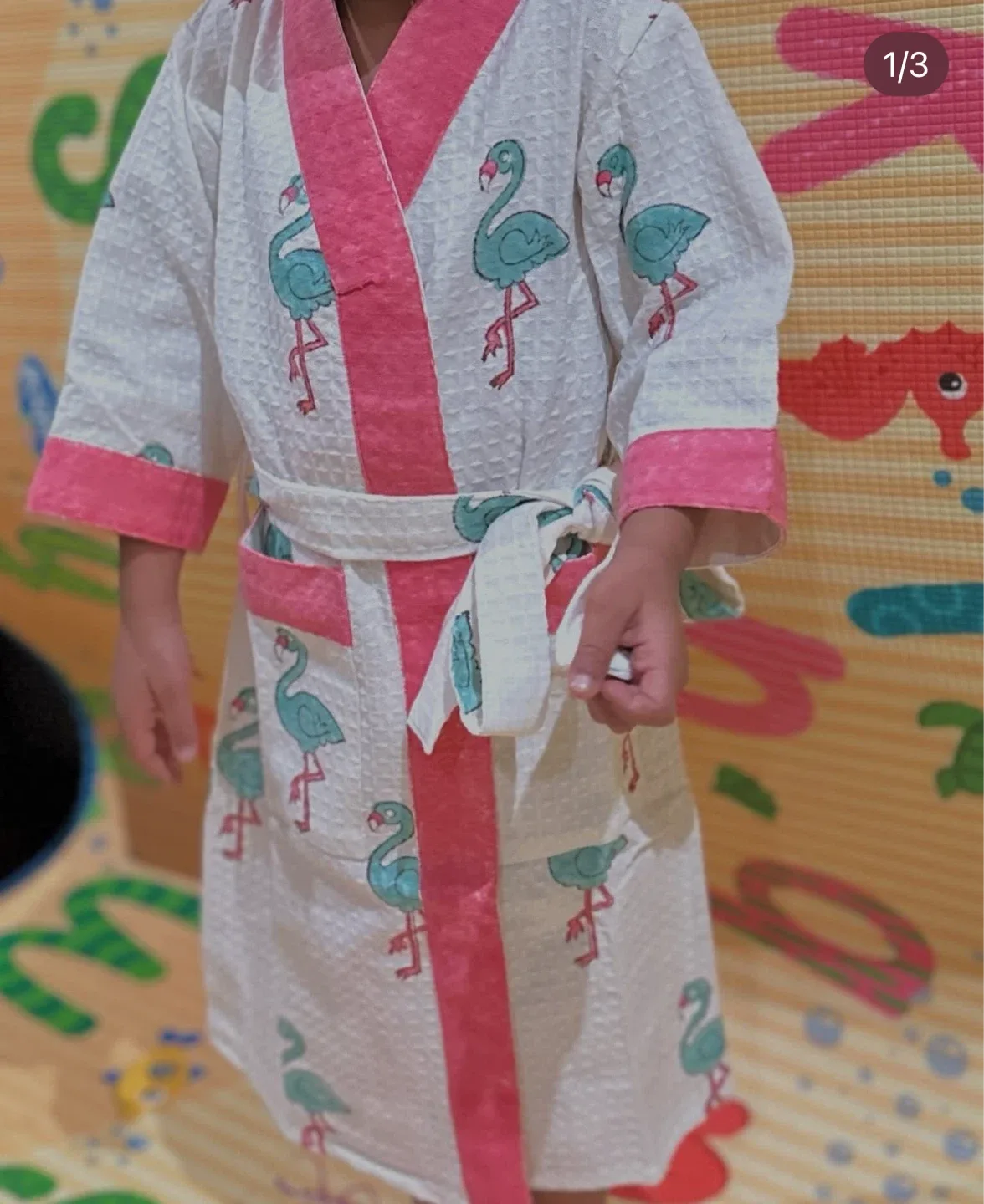 Kids' Cotton Waffle Robe with Flamingo Print image indicator(4)