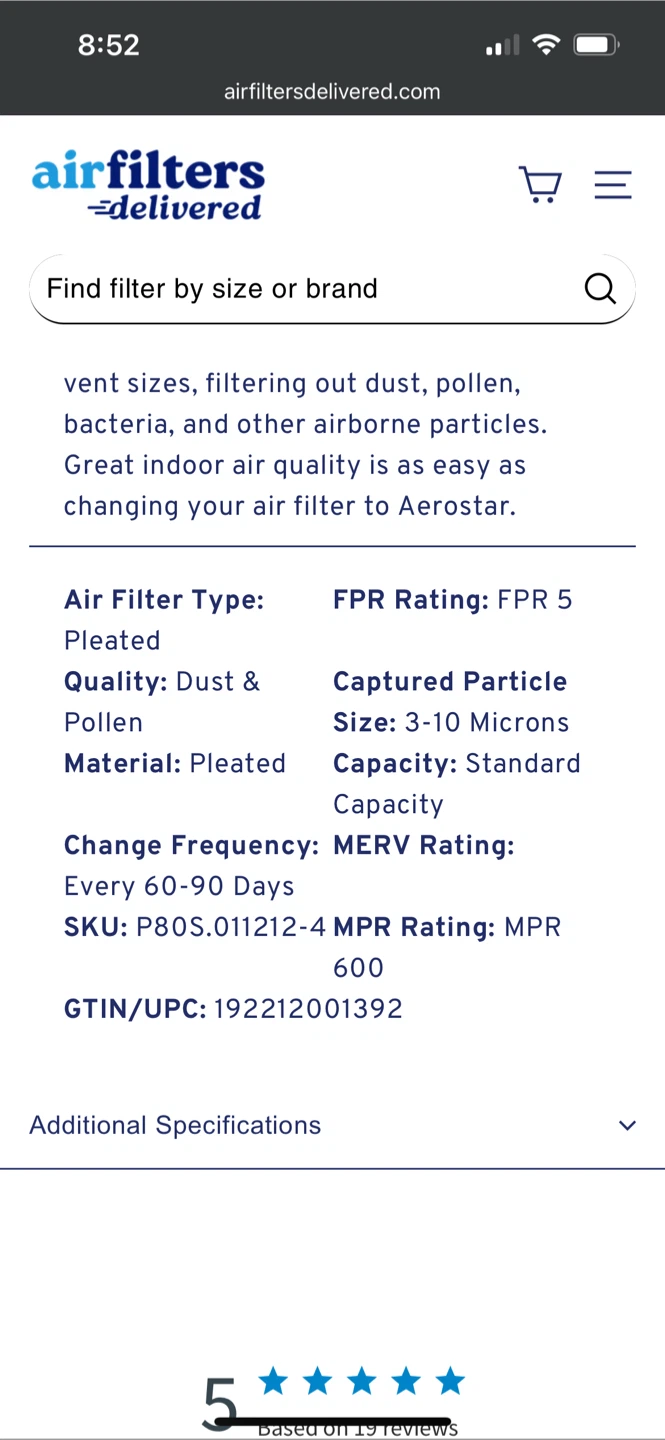 AERSTAR 12x12x1 Air Filter - New in Box - photo 3