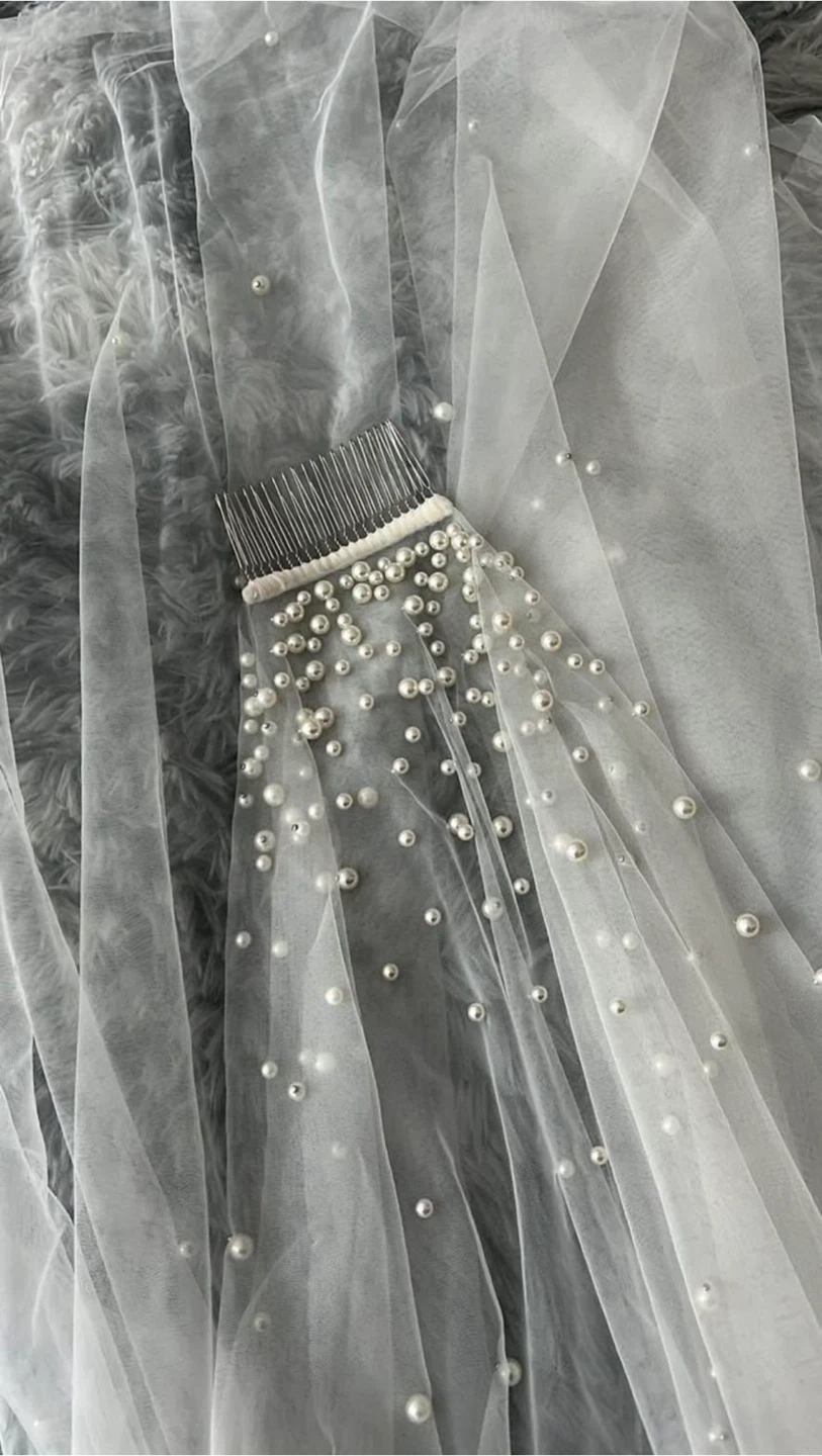 Cathedral soft white Wedding Veil with Pearls - photo 2