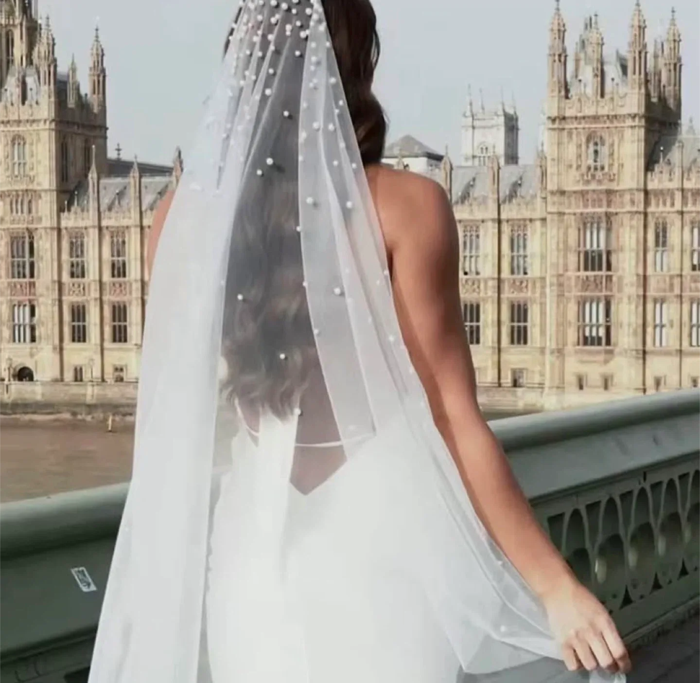Cathedral soft white Wedding Veil with Pearls thumbnail