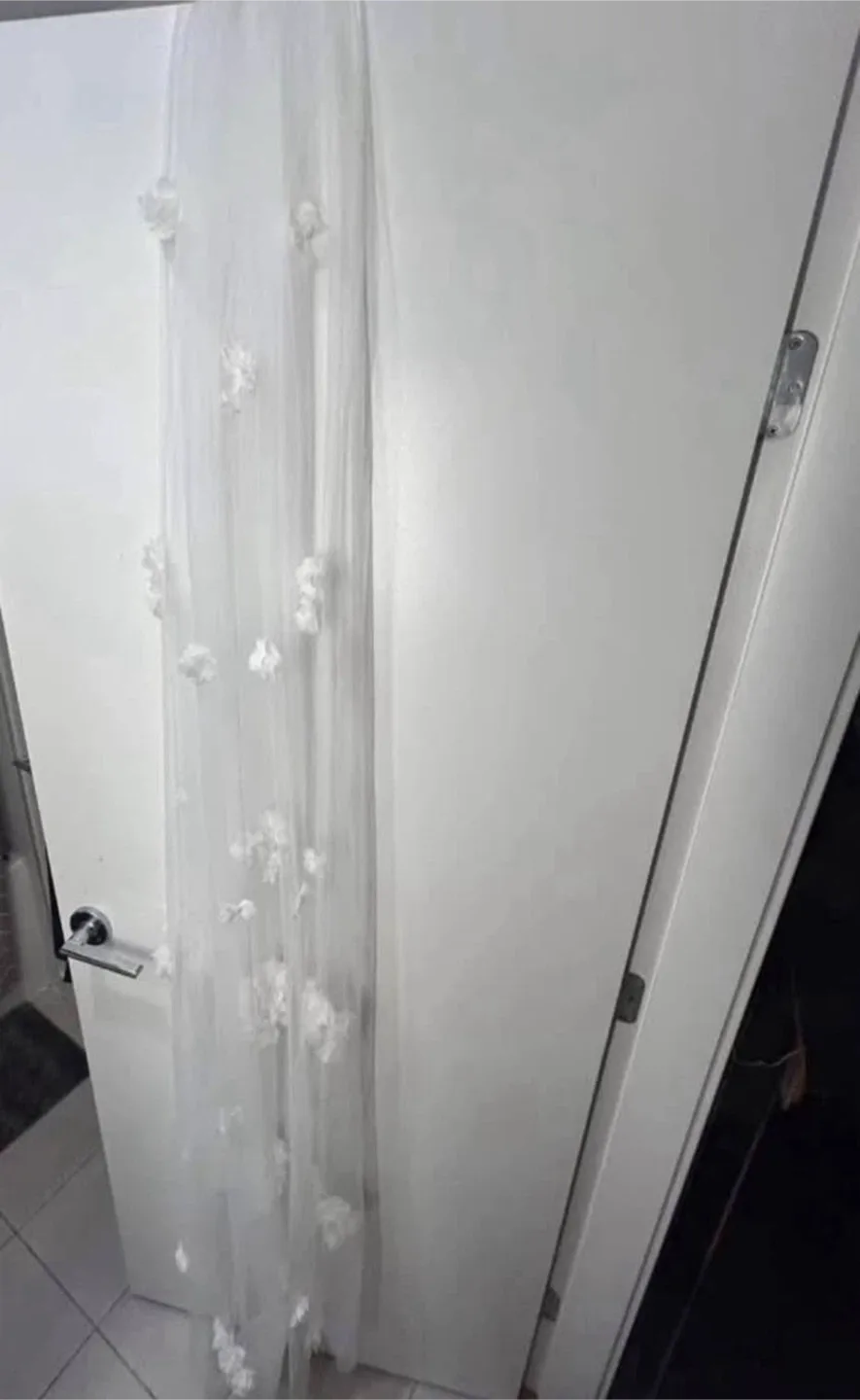 Floor length soft white wedding Veil with Floral Appliqués image indicator(4)