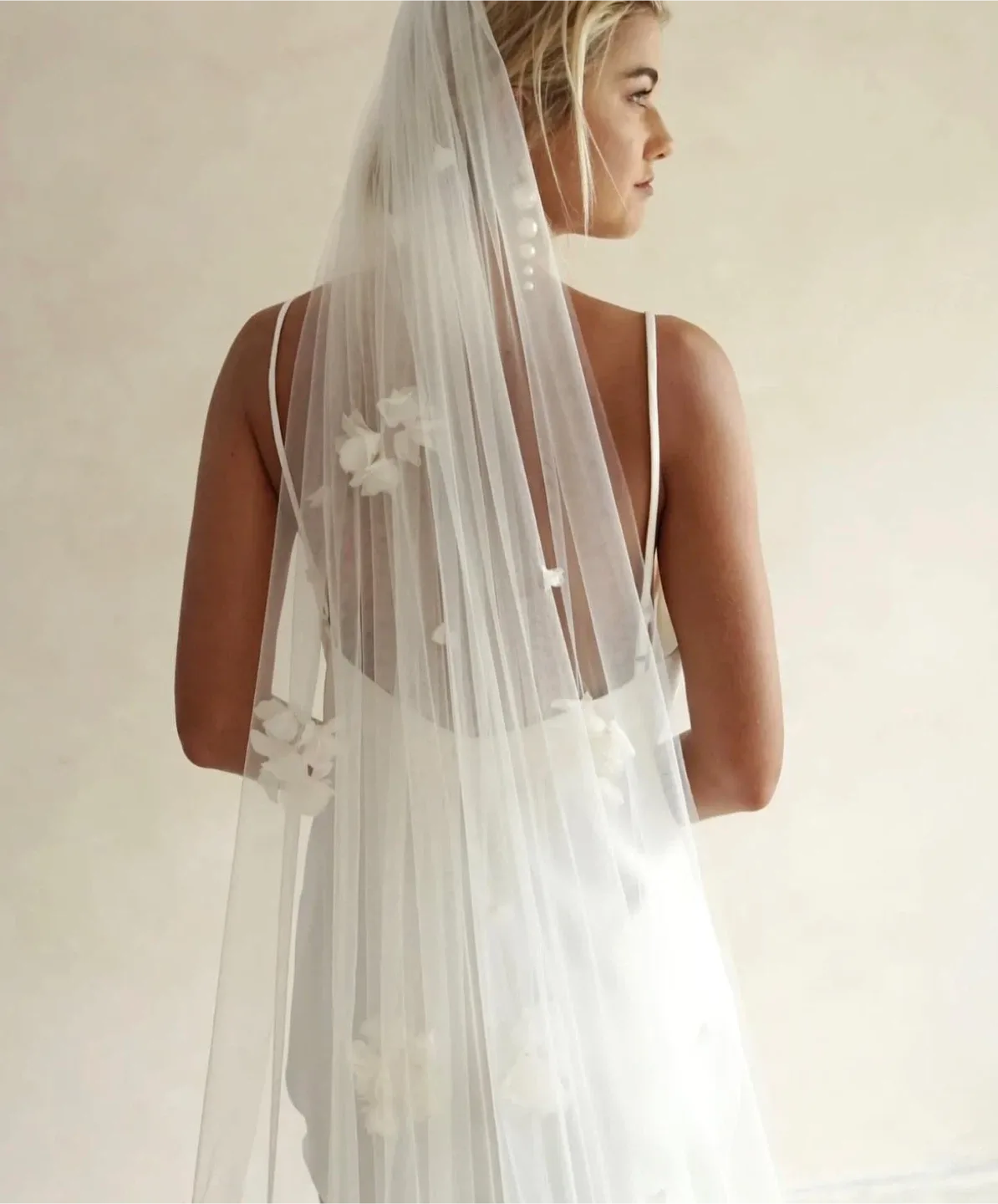 Floor length soft white wedding Veil with Floral Appliqués thumbnail