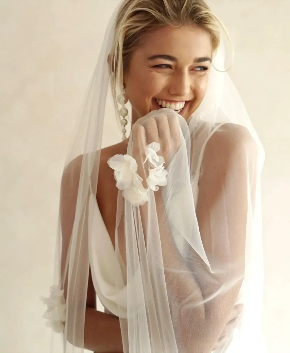 Floor length soft white wedding Veil with Floral Appliqués image indicator(3)