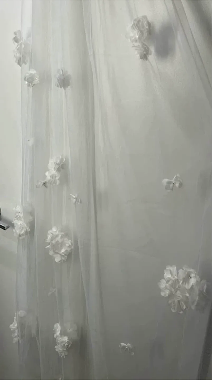 Floor length soft white wedding Veil with Floral Appliqués image indicator(7)