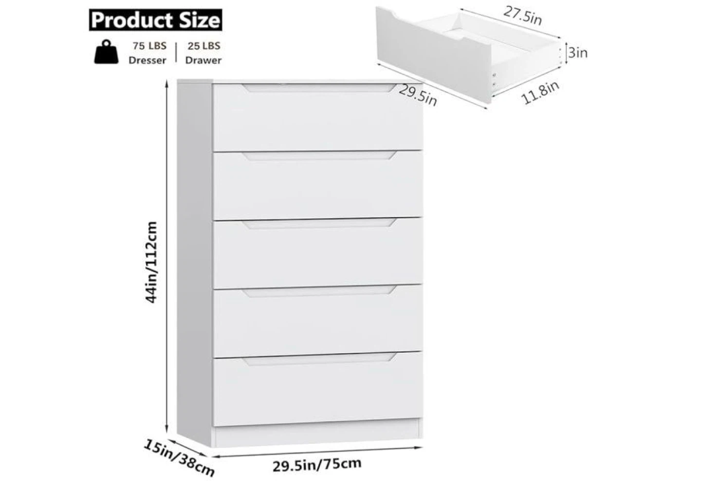White 5-Drawer Dresser (44" x 29.5")
